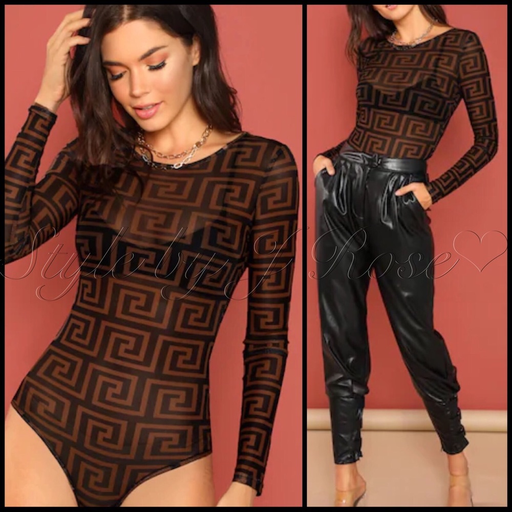 GREEK Fret Sheer Printed Bodysuit